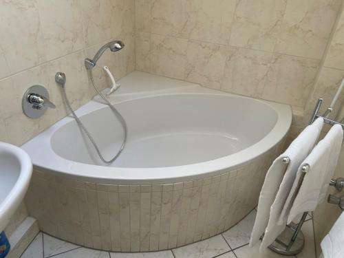 a bath tub with a shower in a bathroom at Glattbacher Hof Ferienwohnung 7 in Glattbach