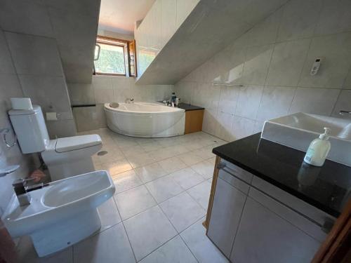 a bathroom with a sink and a toilet and a tub at Casa do Alto (top floor apartment) in Adaúfe