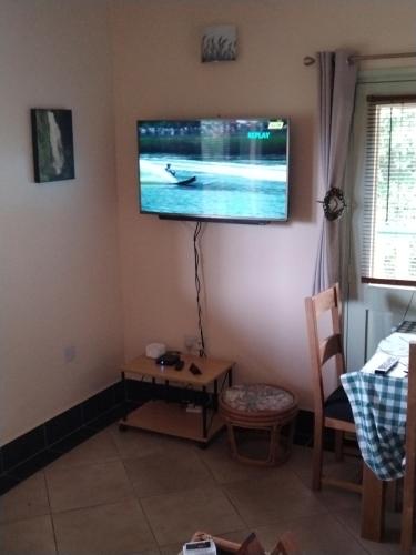 a living room with a flat screen tv on the wall at Trois Piton Apartments in Pont Cassé