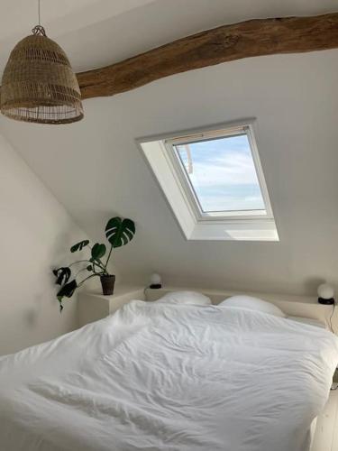 une chambre avec un lit blanc avec une fenêtre dans l'établissement Appartement cosy et lumineux au cœur de Montreuil, à Montreuil-sur-Mer