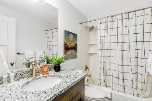 a bathroom with a sink and a toilet and a shower at Grandma Buddy's House in Garden City
