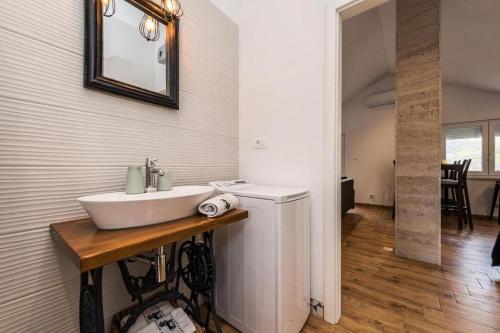 ein Badezimmer mit einem Waschbecken auf einem Holztisch in der Unterkunft Holiday Home Romeo in Bisko