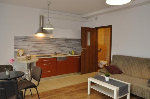 a living room and kitchen with a couch and a table at Apartament Bażantowo z parkingiem in Katowice