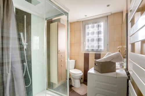 La salle de bains est pourvue de toilettes et d'une douche en verre. dans l'établissement L'Amarante - Appt 2 chambres - proche Strasbourg, à Lingolsheim