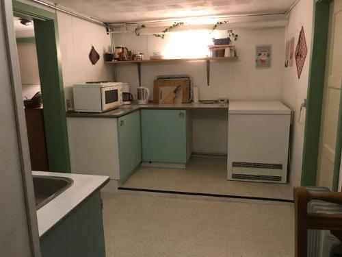 eine kleine Küche mit einer Spüle und einer Mikrowelle in der Unterkunft Glyngøre Bed & Breakfast in Glyngøre