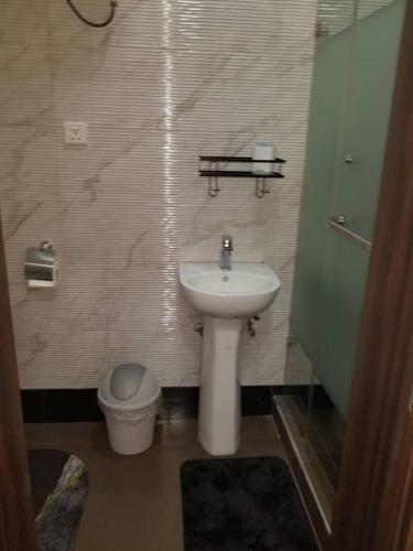 a bathroom with a sink and a toilet at Nigus House Oniru in Lagos