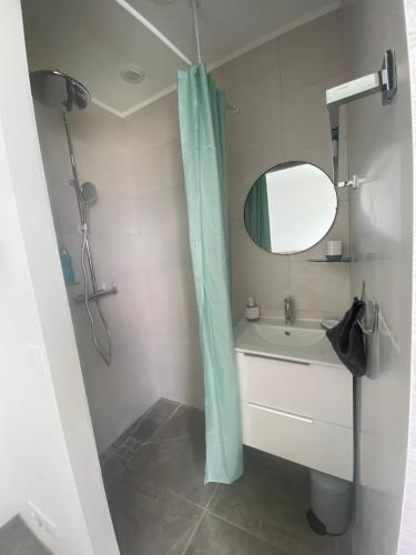 ein Bad mit einem Waschbecken und einem Spiegel in der Unterkunft La Villa Day **** in Les Cocos