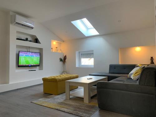 een woonkamer met een bank en een tv bij Apartment Grey in Sarajevo