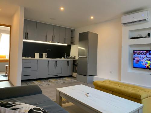 een keuken en woonkamer met een bank en een tafel bij Apartment Grey in Sarajevo