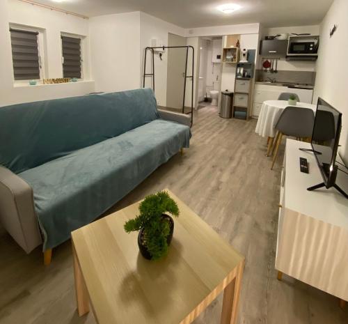 Studio confortable au centre de Manosque في مانوسك: غرفة معيشة مع أريكة زرقاء وطاولة