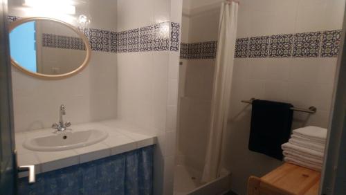 La salle de bains est pourvue d'un lavabo, d'un miroir et d'une douche. dans l'établissement Le Râteau Bavoir, à Calvi