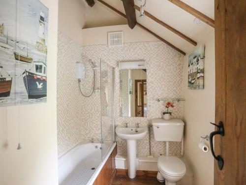 a bathroom with a sink and a tub and a toilet at Ty'n y Clawdd in Dyffryn