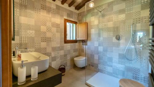 a bathroom with a sink and a toilet and a shower at Cortile Del Pozzo in Buonconvento