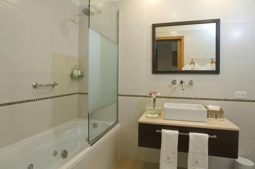a bathroom with a sink and a tub and a mirror at Las Bayas Home Suites in Esquel