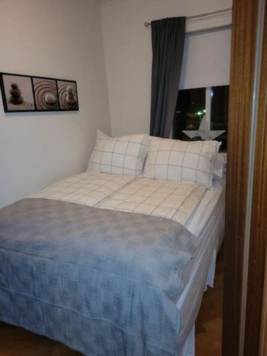 1 cama pequeña en un dormitorio con ventana en Mona Lisa Apartment, en Akureyri