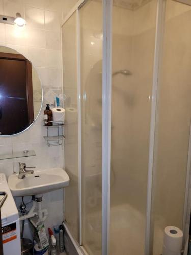 y baño con ducha y lavamanos. en Mona Lisa Apartment, en Akureyri