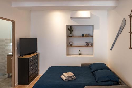 - une chambre avec un lit et une télévision à écran plat dans l'établissement Studio Ingres au coeur historique de Montauban, à Montauban