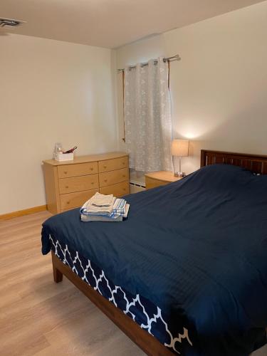 新不倫瑞克的住宿－#3 QueenSize Bed bright room near New Brunswick NJ downtown，一间卧室配有一张床和一个带蓝色毯子的梳妆台。