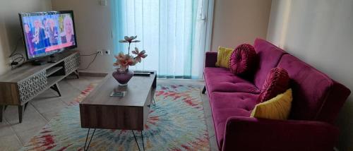 sala de estar con sofá púrpura y TV en Gemani Apartments Rhodes city, en Rodas