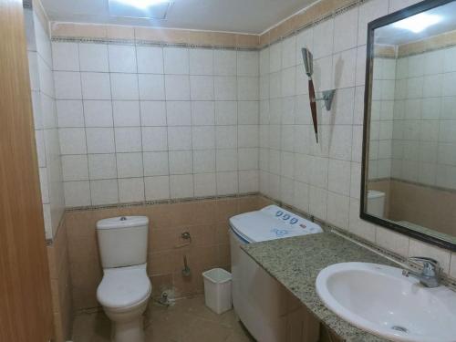 een badkamer met een toilet, een wastafel en een spiegel bij ستديو رائع وهادي مزود بحديقه in Sharm El Sheikh