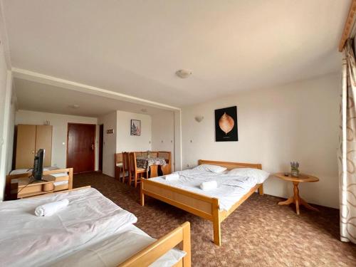 ein Hotelzimmer mit 2 Betten und einem Tisch in der Unterkunft Planinska kuća Vlašić in Vlasic