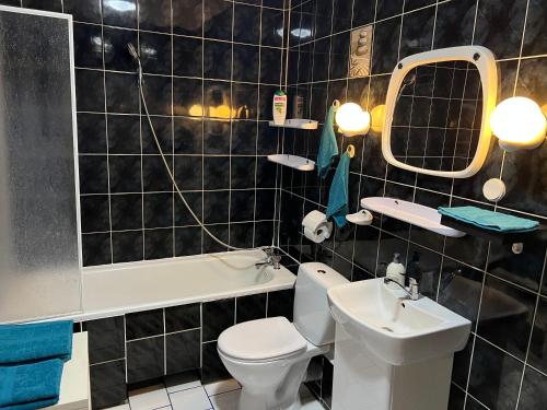 Łazienka wyłożona jest czarnymi kafelkami i dysponuje toaletą oraz umywalką. w obiekcie Mieszkanie z widokiem na Görlitz w mieście Zgorzelec
