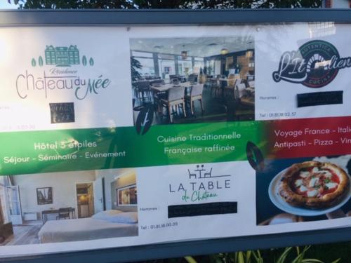 a sign for a restaurant with a pizza on it at Appart Hôtel 3* dans une résidence de tourisme in Le Mée-sur-Seine