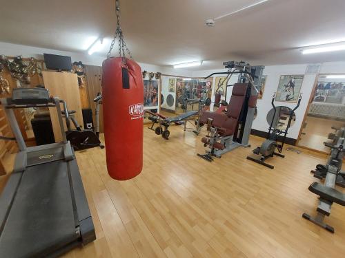 a gym with a red punching bag in a room at Hotel Panorama in Mosonmagyaróvár