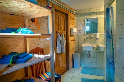 a bathroom with a shower and a toilet and a sink at Apartments Farm House Uric in Jesenice