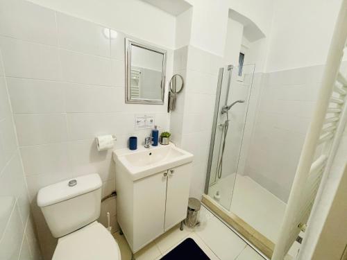 y baño blanco con aseo y ducha. en Apartament 2 camere Ocnei, en Sibiu