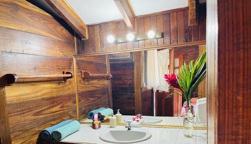 a bathroom with wooden walls and a sink and a shower at Perla Negra Beachfront in Puerto Viejo