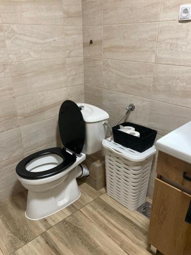 a bathroom with a toilet and a trash can at Apartman Anja in Novi Sad
