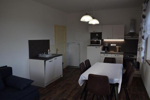 a kitchen and dining room with a table and chairs at Penzion Šumava - APARTMÁN in Horní Planá