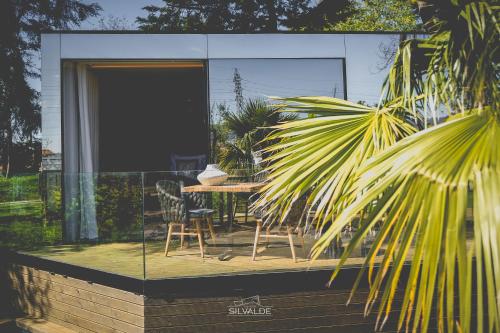 a glass house with a table and chairs on a patio at Quinta de Silvalde in Santo Tirso