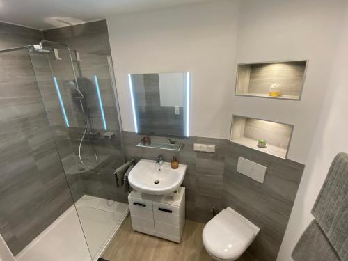 a bathroom with a toilet and a sink and a shower at Schöne Ferienwohnung „Zum Glück“ in Eisenach