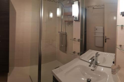 y baño con lavabo y ducha. en Bed & Working - Tramway - chambres partagées de 4 lits en Toulouse