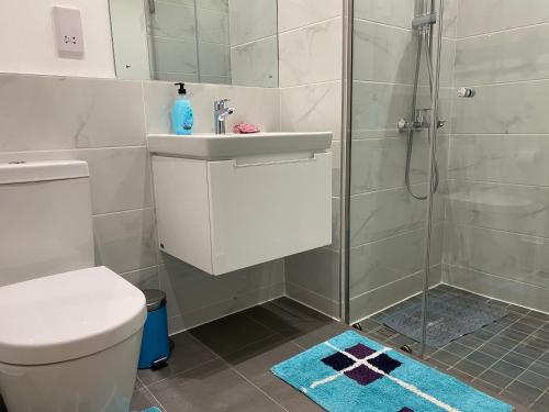 een badkamer met een douche, een wastafel en een toilet bij Newly Furnished Studio@TheLennox,AirportResid'tial in Accra