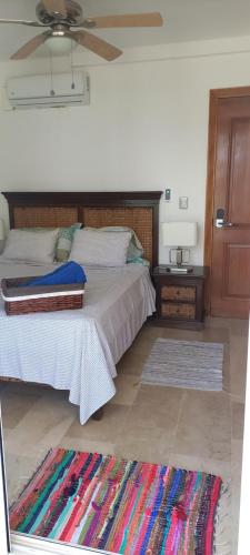 1 dormitorio con 2 camas, ventilador de techo y alfombra en Private room overlooking the beach, en Punta Cana