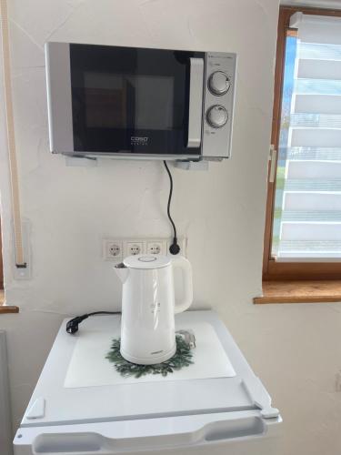 a white blender on a counter with a microwave at Apartment Balingen City in Balingen