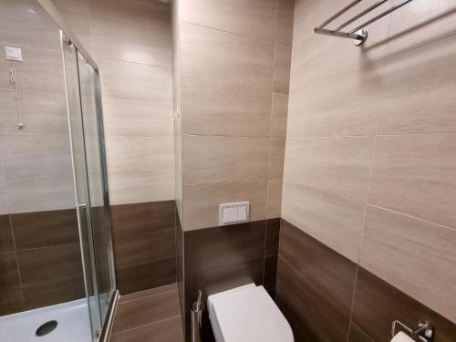 a bathroom with a toilet and a glass shower at Apartman Lukas privatni app u sklopu aparthotela Vučko in Jahorina