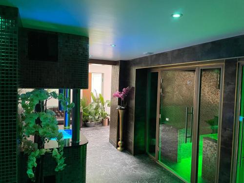 a bathroom with a glass shower with a plant at Ashbys Accommodation & Spa hire in Portsmouth
