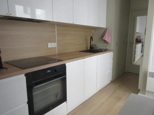 una cocina con armarios blancos y horno negro en Bourg-la-Reine : joli appartement de 20 m² en Bourg-la-Reine