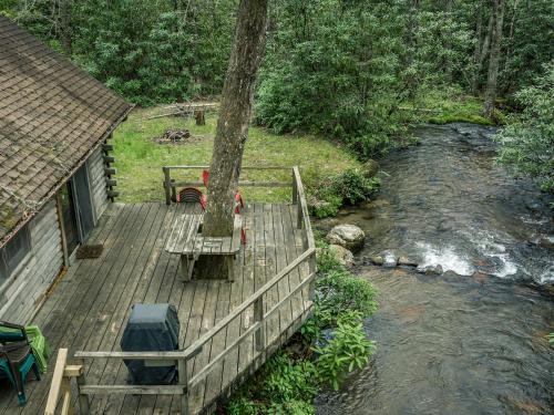 a wooden deck with a bench and a tree on a river at stayNantahala - Smoky Mountain Cabins in Aquone