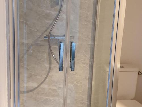 eine Duschkabine mit einer Glastür und einer Dusche in der Unterkunft Gîte La Turballe, 1 pièce, 2 personnes - FR-1-306-901 in La Turballe