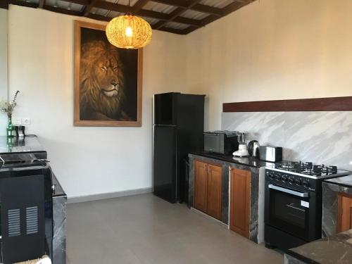 a kitchen with a lion picture on the wall at The Lava Bali Villa and Hot Spring in Kintamani