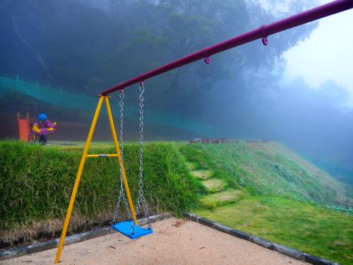a swing set on a hill with a person in the background at Vista Suites Doddabetta Ooty By Bestinn Leisure in Ooty