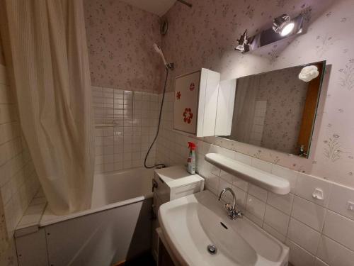 uma casa de banho com um lavatório, um WC e um espelho. em Studio Saint-Michel-de-Chaillol, 1 pièce, 4 personnes - FR-1-393-160 em Saint-Michel-de-Chaillol