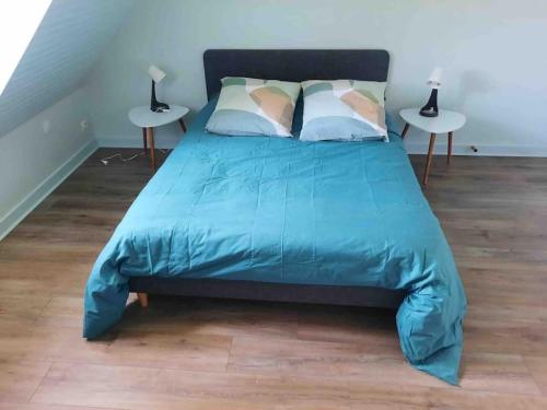 een slaapkamer met een bed met blauwe lakens en 2 tafels bij Belle maison spacieuse avec grand jardin 