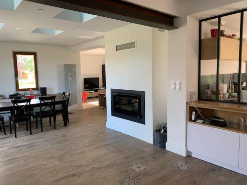 un salon avec cheminée et une salle à manger dans l'établissement Belle maison spacieuse avec grand jardin, à Rongères