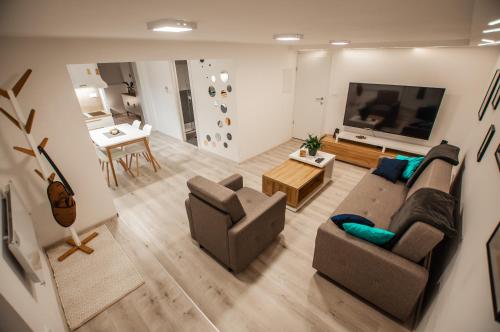 a living room with a couch and a tv and a table at Cozy Little Apartments in Ig